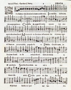 Página de partitura musical do salmo Confitebor tibi dominine dedicada a Palestrina por Costanzo Porta de Unknown artist