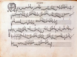 Página da partitura musical de Harmonice Musices Odhecaton de Ottaviano Petrucci (1501) de Unknown artist
