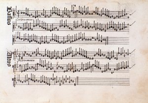 Página da partitura musical de Harmonice Musices Odhecaton de Ottaviano Petrucci (1501) de Unknown artist