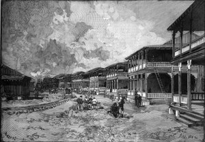 Canal do Panamá. Rua da nova cidade de Cristóvão Colombo a Colon: habitação dos trabalhadores. Gravura no "Le Monde Illustré". de Unknown artist