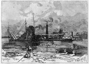 O Canal do Panamá funciona. Máquinas principais: uma draga e sua válvula. Gravação em "Le Monde Illustré". de Unknown artist