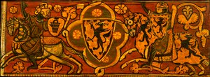 Panneau representant un combatant un chevalier chretien a un chevalier musulman - Painel de tecto com uma luta entre um cavaleiro cristão e um muçulmano - Anónimo - c. 1300 - Tempera no painel - 24,2x66,3 - Museu Nacional d