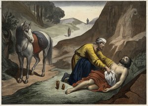 Parábola do Bom Samaritano - A parábola do Bom Samaritano: o samaritano parou no seu caminho para resgatar o moribundo. Gravura anónima de meados do século XIX. de Unknown artist