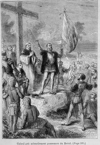 Pedro Alvarez Cabral, navegador português (1460-1526) tomando posse do Brasil, que ele chamou Terra de Santa Cruz, por volta de 1500. Gravura do século XIX. de Unknown artist