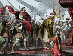 Pepin Proclamado Rei dos Francos - Sagrado de Pepin, o Breve (714-768), Basílica de Saint Denis, 28 de Julho 754: o Papa Estêvão II consagrou-o Rei dos Francos e Patrício dos Romanos (Patricius Romanorum) de Unknown artist