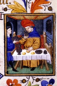 Desempenho do mês de Janeiro. Um criado põe comida na mesa do seu amo. Miniatura de um manuscrito do século XIV. de Unknown artist