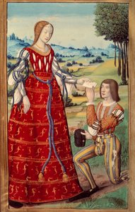 Phedre tende uma carta a um mensageiro miniatura de uma tradução de "L