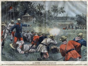 Guerra Filipino Americana - Guerra Filipino Americana (Philippine Americano) - As tropas de Emilio Aguinaldo, isoladas perto de Pólo, resistem ferozmente ao ataque das tropas americanas comandadas pelo General Mac-Arthur - gravação em "Le-Pelerin" de 1899 de Unknown artist