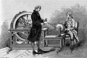 Experiência física no século XVIII: brilho produzido por uma máquina eléctrica. (De Abbe Nollet). Gravura em "La Nature: Revue des sciences et de leurs applications aux arts et a l