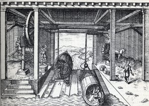 Plano inclinado para barcos no século XVI nas lagoas do Brenta (rio), no norte da Itália. Gravura em "La Nature". de Unknown artist