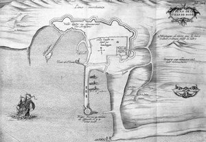 Plano de Rodes (Rodes) - em "Voyage de levant made by the command of the king in the year 1621", editado em 1629 (sob o reinado de Luís XIII Le Juste) de Unknown artist