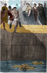Pollion Vedius, gastrónomo romano, famoso pela sua crueldade para com os seus escravos. Para os apanhar, atirava-os vivos para os seus murenos. Um dia Augusto (Caius Octavius Thurinus) estava comendo em sua casa, então ele fez um escravo se precipitar, cul de Unknown artist