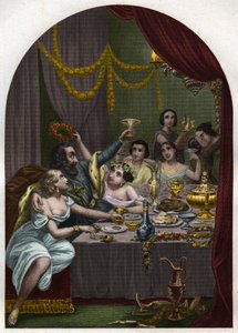 Papa Alexandre VI (1431-1503) (Alessandro, Rodrigo Borgia) Rodrigue Borgia celebra o casamento de sua filha Lucrece Borgia (Lucrezia) com 50 cortesãs no Vaticano. Gravura de 1842 em "Histoire des popes: crimes, assassinatos, envenenamentos, parrici de Unknown artist