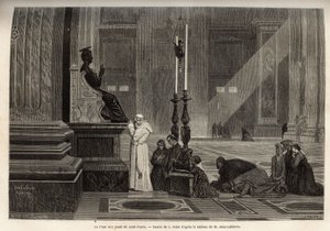 Papa Pio IX (pio 9) (1792-1878) recolhido ao pé da estátua de São Pedro, na entrada da Basílica, no Vaticano. Gravura para ilustrar a história de Roma, de Francis Wey, em 1864-1868, publicada em "le tour du monde", editada por D