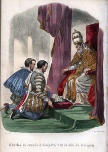 O Papa Gregório XIII (1502-1585) recebe a cabeça de Gaspard de Coligny (1519-1572), assassinado no massacre do Dia de São Bartolomeu em 1572, como presente do Rei Carlos IX da França (1550-1574). de Unknown artist