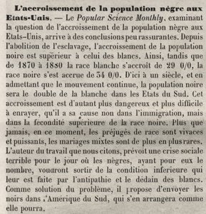 Crescimento populacional nega nos Estados Unidos: comentário racista no livro, de acordo com um artigo no Popular Science Monthly. Preocupados com o aumento da população negra americana e com a alta taxa de natalidade e querem remediar isso expulsando-os de Unknown artist
