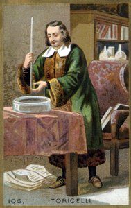 Retrato do Evangelista Torricelli ou Toricelli (1608 - 1647), físico italiano com sua invenção o Barômetro (tubo de mercúrio). Cromolitografia do século XIX. de Unknown artist