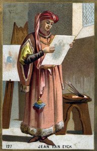 Retrato de Jan Van Eyck (1390 -1441) Pintor flamengo - cocar da cabeça de um liripipião. Cromolitografia do século XIX. de Unknown artist