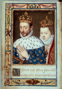 Retrato do Rei Carlos IX (1550-1574) e Isabel da Áustria (1554-1592) Rainha de França Página manuscrita do "Livro de Horas de Catarina de Medicis" (Caterina de Medici) Paris do século XVI, B.N. de Unknown artist