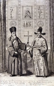 Retrato de Matteo Ricci (esquerda), jesuíta italiano e Paul Ly, grande propagador da fé cristã na China, gravura de "De China monumenta" de Athanasius Kircher (1601 - 1680), jesuíta, orientalista e erudito alemão, Amsterdam 1667. de Unknown artist