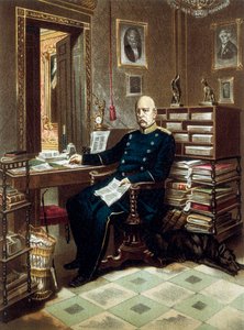 Retrato do príncipe Otto von Bismarck (1815-1898), chanceler e político prussiano, em seu gabinete. Litografia a cores de Unknown artist
