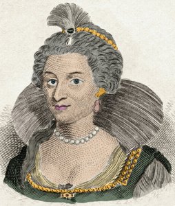 Retrato da Rainha Ana da Dinamarca Rainha de Inglaterra (1574-1619), esposa do Rei James I de Inglaterra (1566-1625). Gravura do século XIX de Unknown artist