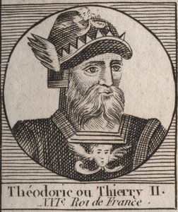 Retrato de Thierry II (587-613) Rei dos Francos da Austrália e da Borgonha de 595 a 613 - THIERRY II (Theuderic ou Theuderich, Theoderic ou Theodoric II) rei da Borgonha e da Austrália - gravura de "Instruction sur l