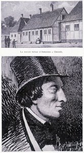 Retrato do escritor dinamarquês Hans Andersen (1805 - 1875) e da sua casa em Odensee, Dinamarca, cerca de 1832. de Unknown artist