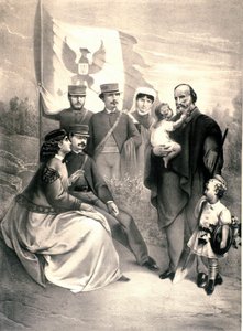 Retrato do patriota italiano e heróis do Risorgimento Giuseppe Garibaldi (1807-1882) rodeia seus filhos Menotti, Ricciotti Standing e Teresita, Francesca Armosino e o pequeno Manlio e Clelia. Ilustração por volta de 1870. Coleção Particular de Unknown artist