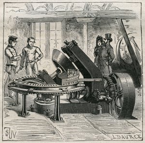 Olaria: Máquina Fleury usada para a moldagem mecânica de tijolos. Gravura de 1885 em "Les arts et metiers illustres" de Adolphe BITARD. de Unknown artist