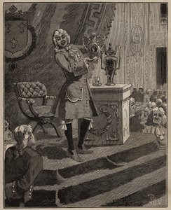 Olaria: Pierre Joseph Macquer (1718-1784) apresentando na Academia a primeira porcelana dura feita em França pela fábrica de Sevres, em 1769. Gravura de 1885 em "Les arts et metiers illustres" de Adolphe BITARD. de Unknown artist