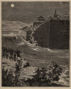 Olaria: tijolos crus na Grécia antiga. O exército de Pausanias (século V a.C.) faz um desvio do curso de um rio para destruir as paredes de tijolo cru que protegem a cidade de Mantinee. Gravura de 1885 em "Les arts et metiers illustres" de Adolphe BITARD. de Unknown artist