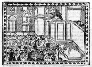 Pregação de G. Savonarola (Jerônimo Savonarola) (1452 - 1498) - no "Compêndio do Apocalipse", incunábulo de 23/4/1496. de Unknown artist