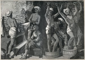 Preparação de verniz na Índia. Gravura a partir de 1885 em "Les arts et metiers illustres" de Adolphe BITARD. de Unknown artist