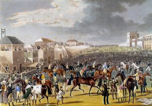 Preparativos para uma corrida Epsom (Epsom Oaks: corrida de cavalos inglesa). Gravura da Colecção Privada do século XIX de Unknown artist