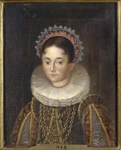 Princesse Elisabeth de Suede, duchesse consort de Mecklembourg Gadebusch - Retrato da Princesa Elizabeth da Suécia (1549-1597), Duquesa de Mecklenburg, Anónima . Óleo sobre tela. Dimensão : 28x22 cm. Nationalmuseum Estocolmo de Unknown artist