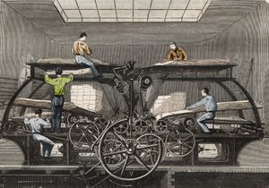 Imprensa de impressão: imprensa gráfica do jornal "Le Siecle" em Paris. Gravura de 1857 em "Le Musee Des Sciences". de Unknown artist