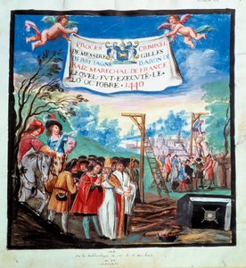 Procesos de Gilles de Rais (Retz ou Rays) (1404-1440): "A execução, gibet e açougueiro" Ele é executado por assassinato e heresia. Miniatura do século XV. Paris, B.N. de Unknown artist