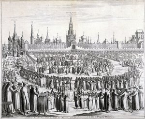 Procissão das Flores da Páscoa em frente ao Portão do Santo Salvador e ao Kremlin em Moscovo. Gravura do século XIX. de Unknown artist