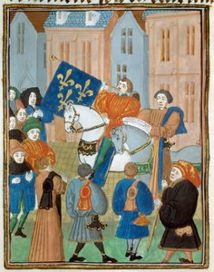 Proclamação de paz em Reims em 2 de outubro de 1435 após a assinatura do Tratado de Arras entre o rei Carlos VII e o duque da Borgonha Filipe III, o Bom, terminando a guerra civil entre os Armagnacs e os borgonheses. Miniatura de “” Reis e quee de Unknown artist