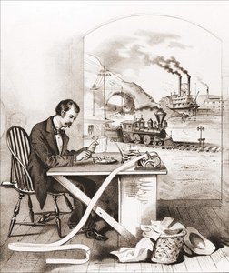 Progresso do Século (século XIX): Morse Telegraphy, Dawn Boat, Train, etc. Gravura do Século XIX. de Unknown artist