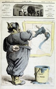 Soldado prussiano traçando as fronteiras da Alsácia-Lorena ao azul da Prússia (referência à anexação da região pela Guerra de 1870) - em "L