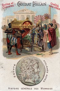Ptolemee I (360-283 AC) Soter (salvador) mandou enterrar Alexandre o Grande. Em História Geral das Moedas. Cromolitografia de Chocolate-Foal do final do século XIX. Coleção particular. de Unknown artist