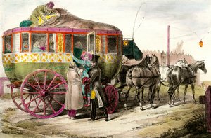 Transporte público: passageiros que entram na Parisienne Diligence. Gravura da Colecção Privada do século XIX de Unknown artist