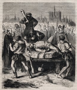 Punição de François Ravaillac (1578-1610) assassino do rei Henrique IV (1553-1610) na Place de Greve em Paris em 1610 - Gravura de 1879 no "Histoire des societes secretes, politiques et religieuses" de Pierre Zaccone (1817-1895) de Unknown artist