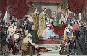 A Rainha Philippa Intercedendo perante Eduardo III pela Vida dos Burgueses de Calais - A Rainha de Angeleterre Philippa de Hainaut (1314-1369), defensora da burguesia de Calais perante o seu marido Rei Eduardo III de Unknown artist
