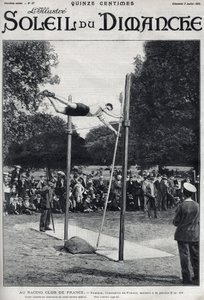 Clube de corrida da França. Sheldon, campeão de França, salta 2, 95 m para saltar a la Perche. Gravura em "Le sun-du-dimanche", 2 de julho de Unknown artist