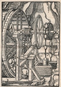 Bomba de correia para drenagem de uma mina operada por homens em esteiras rolantes. De Agricola (George Bauer) De re metallica, Basiléia de Unknown artist