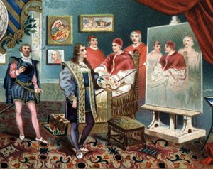 Rafael (Raffaello Sanzio) trabalhando no retrato do Papa Leão X (leone 10) rodeia os Cardeais Jules de Medicis (Giulio) (Papa Clemente VII) de Unknown artist