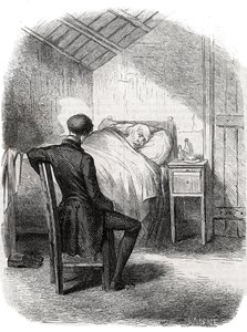 Rastignac ficou sozinho perto do velho, sentado aos pés da cama... Gravando em meados do século XIX. Ilustração para "O Padre Goriot" de Honore de Balzac (1799-1850). de Unknown artist